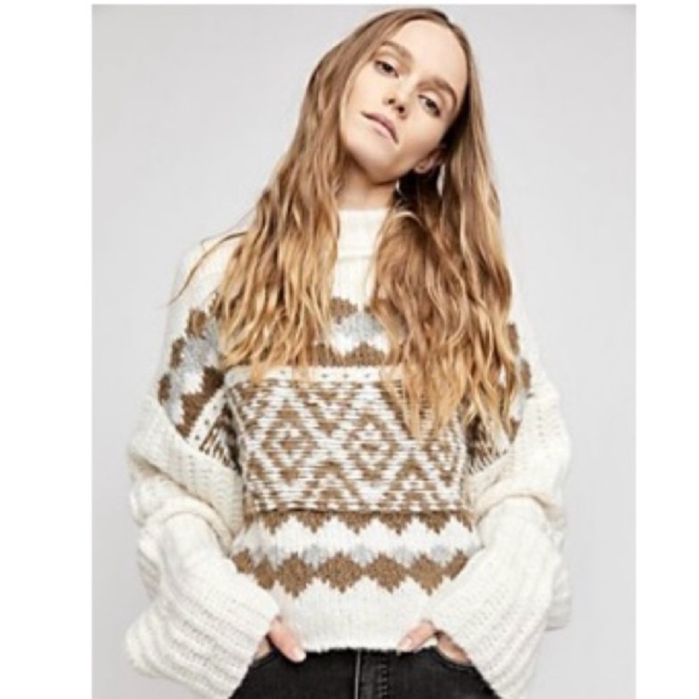 Free People Cream and Brown Patterned Turtleneck Sweater